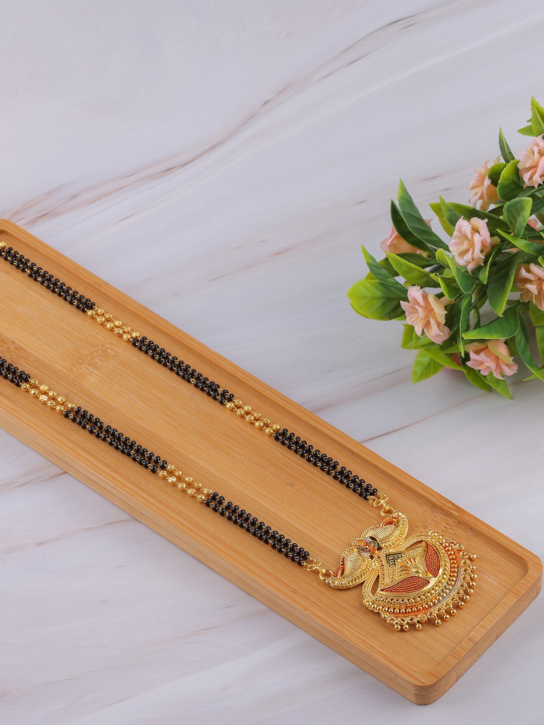 Brandsoon Gold-Plated Orange Enamelled & Beaded Mangalsutra