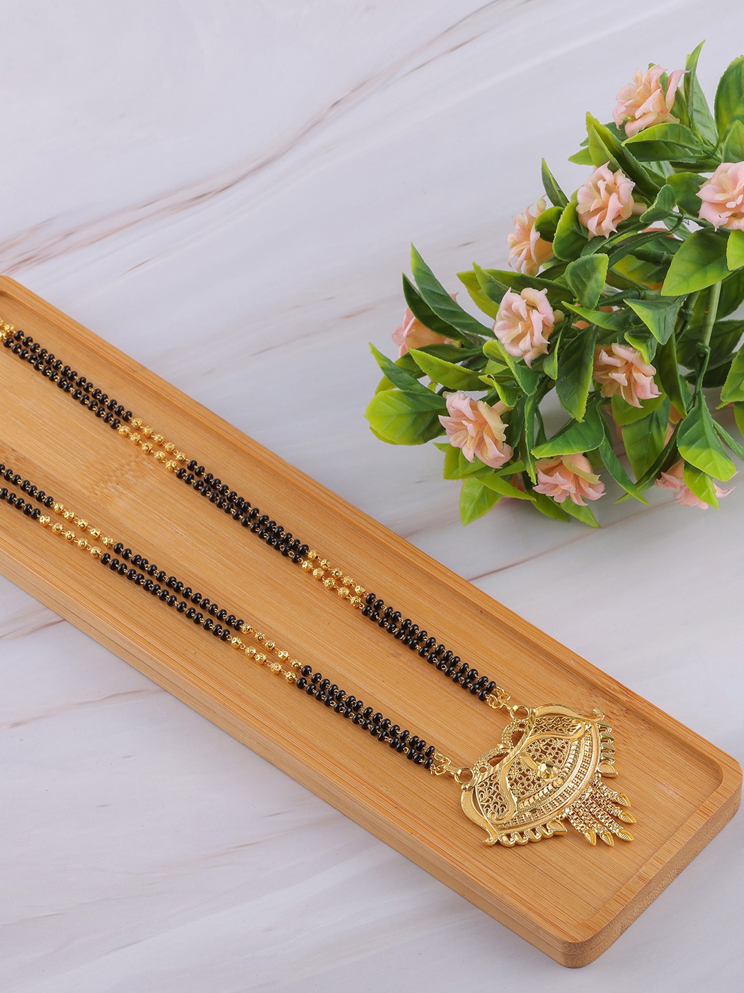

Brandsoon Gold-Plated Black Beaded Long Mangalsutra