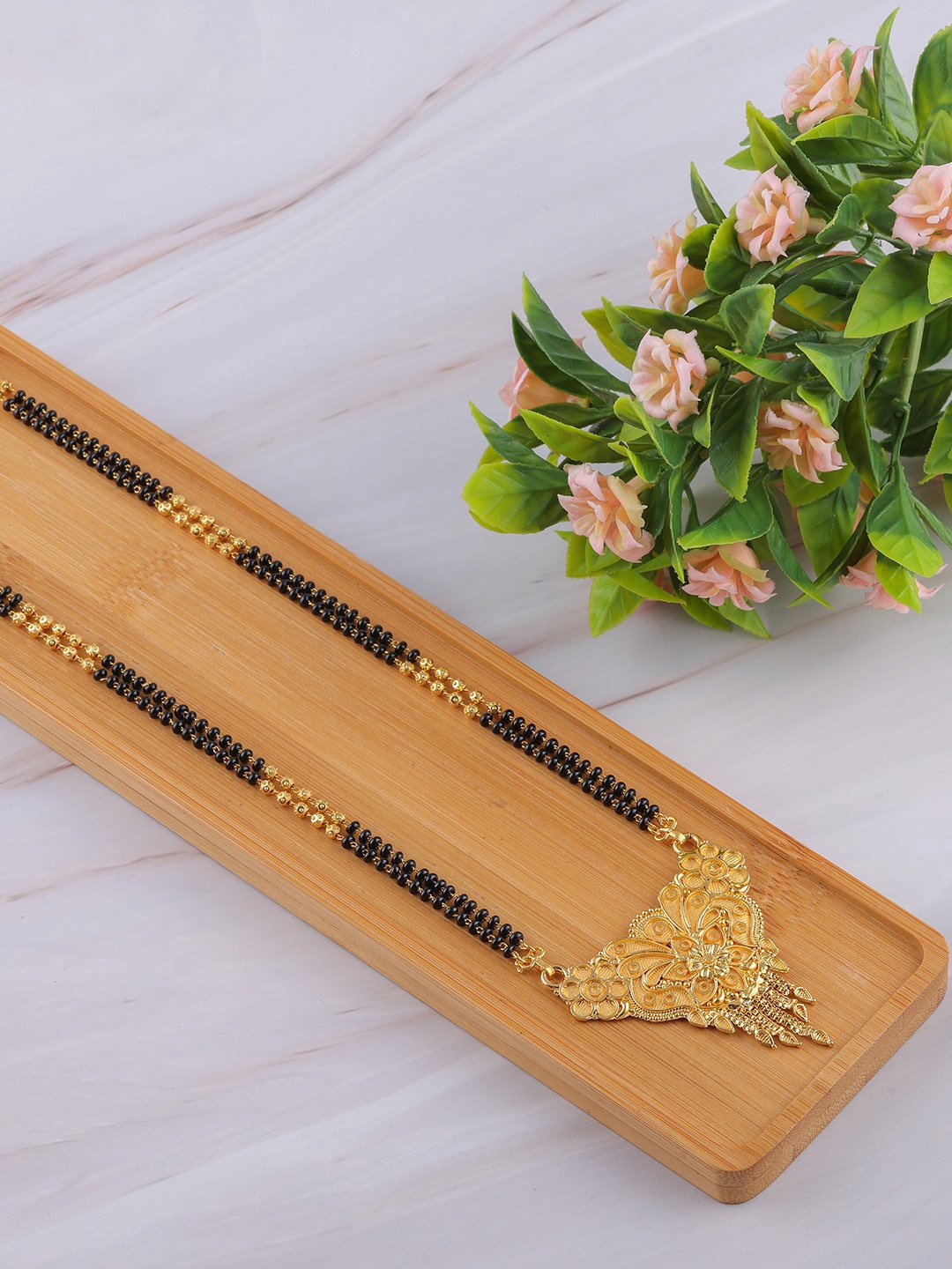 

Brandsoon Gold-Plated Black Beaded Long Mangalsutra
