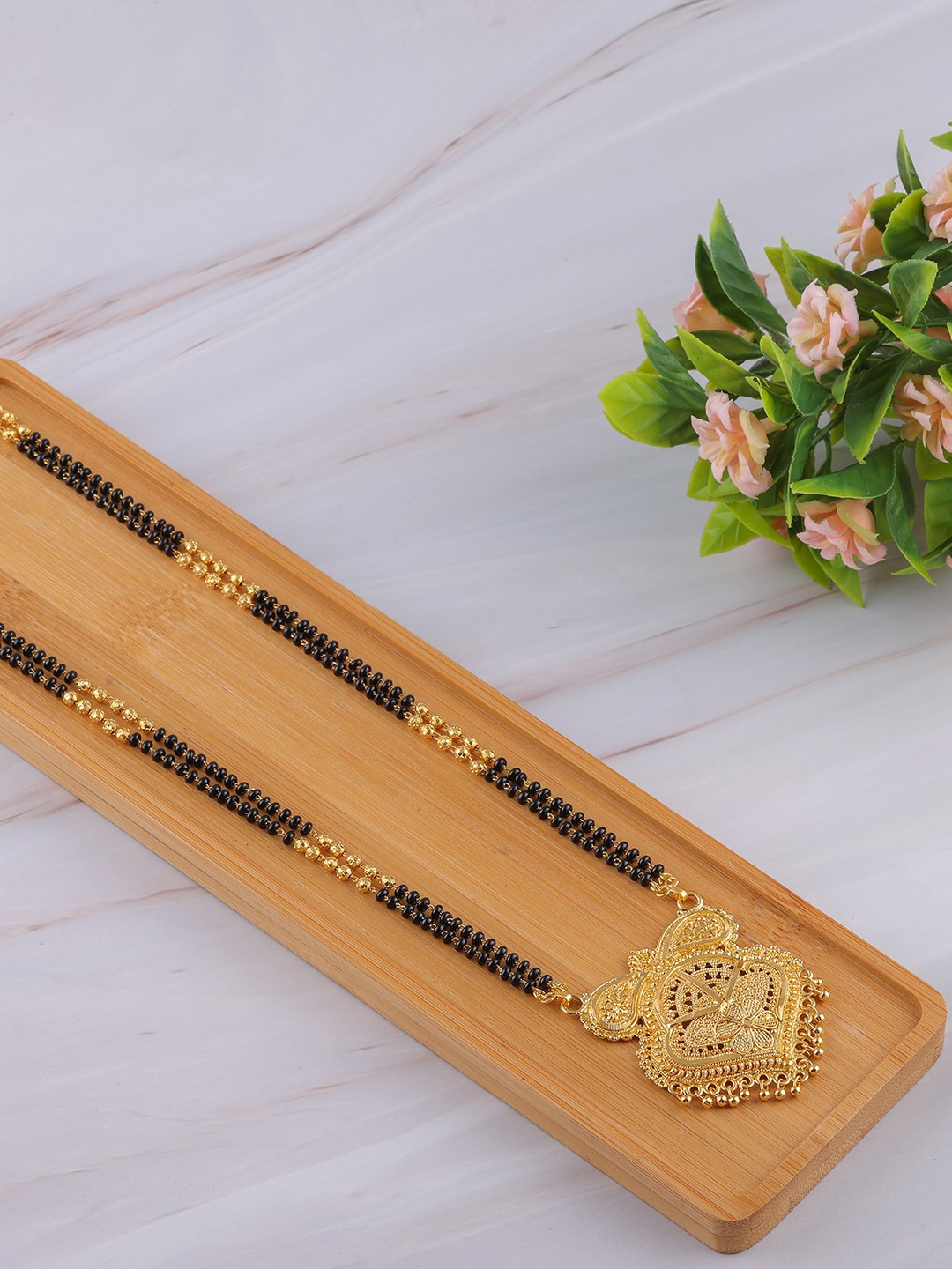 

Brandsoon Gold-Plated Black Beaded Long Mangalsutra