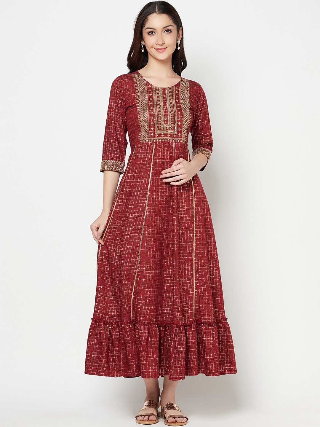 

Senyora Maroon & Gold-Toned Ethnic A-Line Maxi Dress