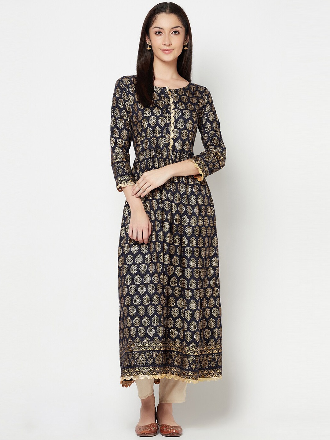 

Senyora Women Navy Blue & Gold Ethnic Motifs Printed Anarkali Kurta
