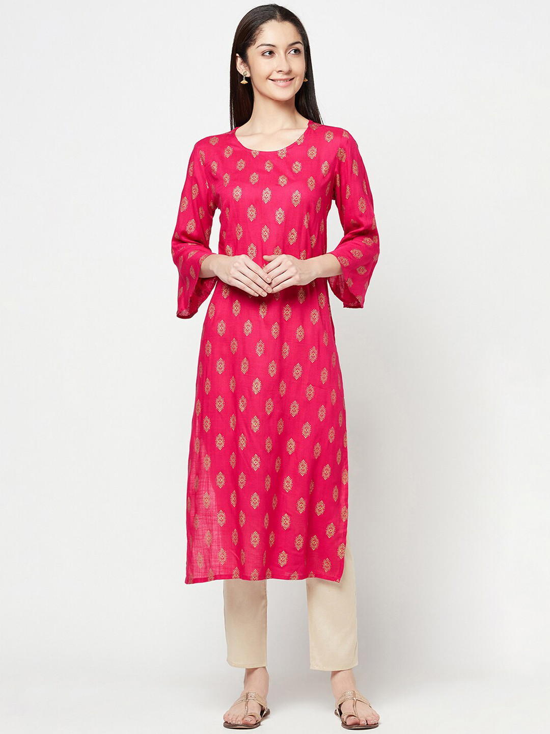 

Senyora Women Pink Ethnic Motifs Printed Flared Sleeves Mirror Work Kurta