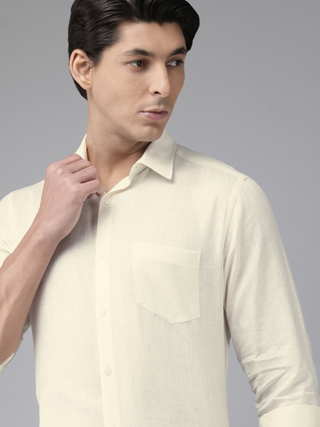 

Van Heusen Men Beige Self Design Custom Fit Formal Linen Shirt