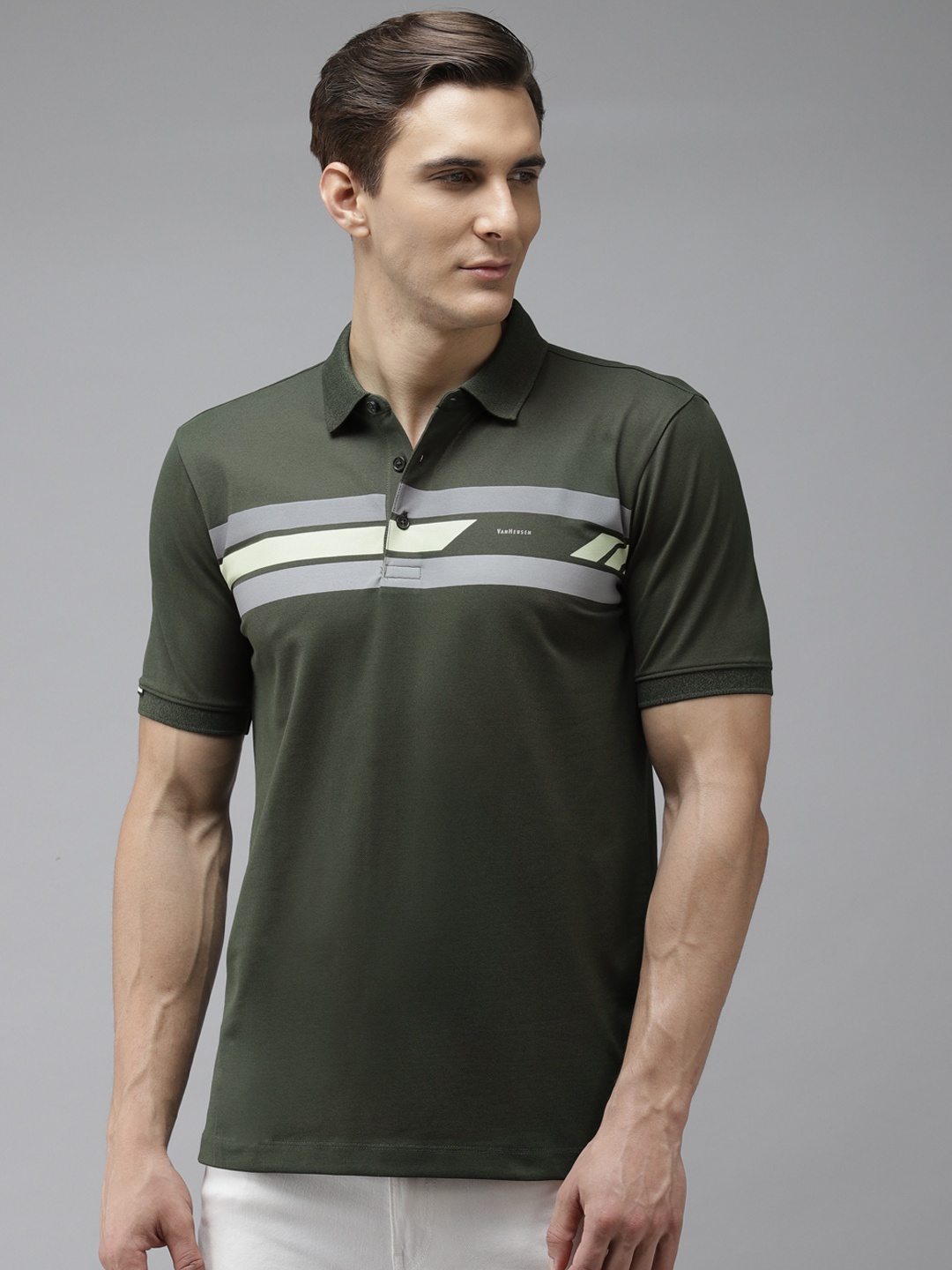 

Van Heusen Men Olive Green & Grey Striped Polo Collar T-shirt