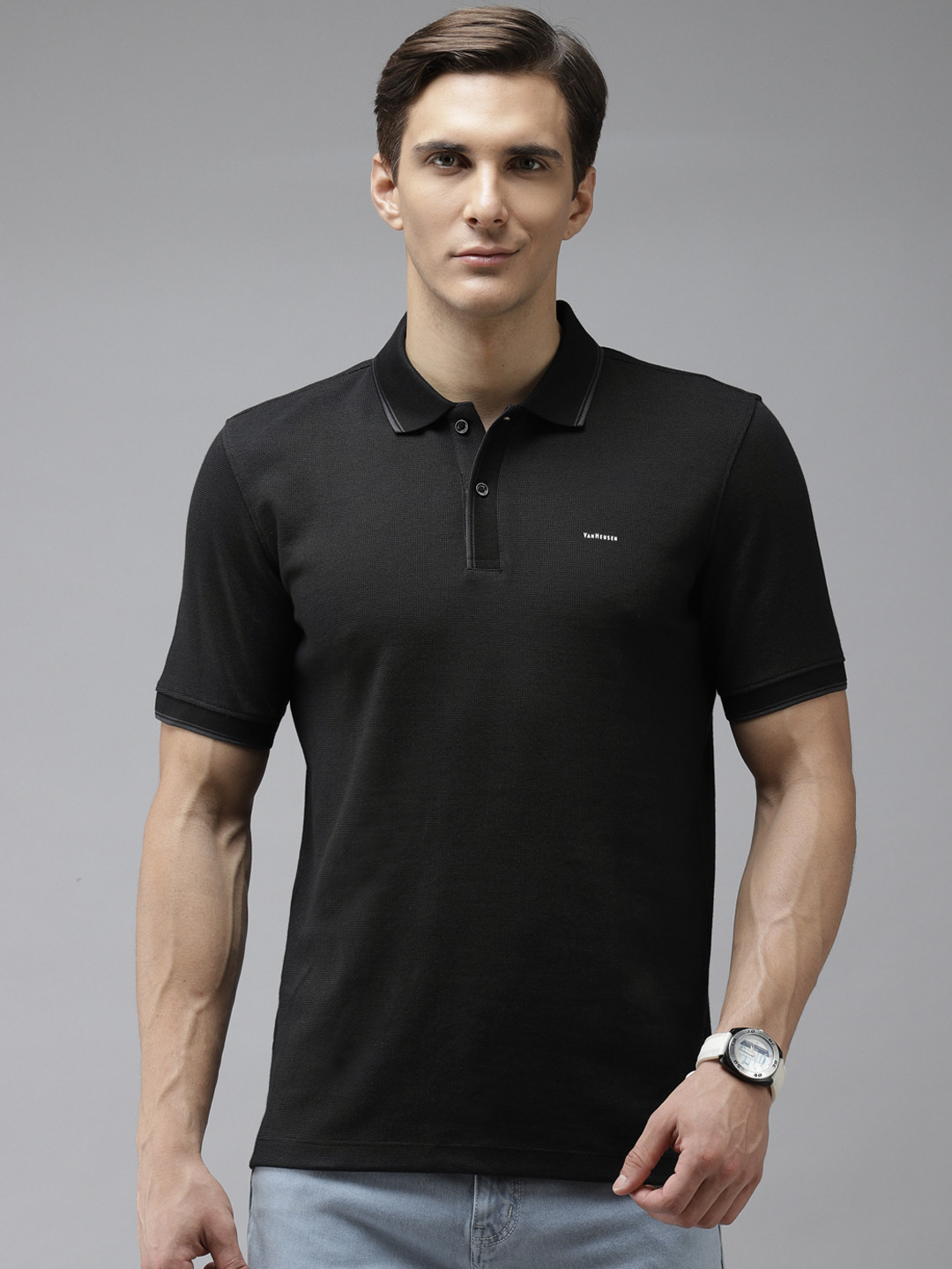 

Van Heusen Men Black Polo Collar T-shirt