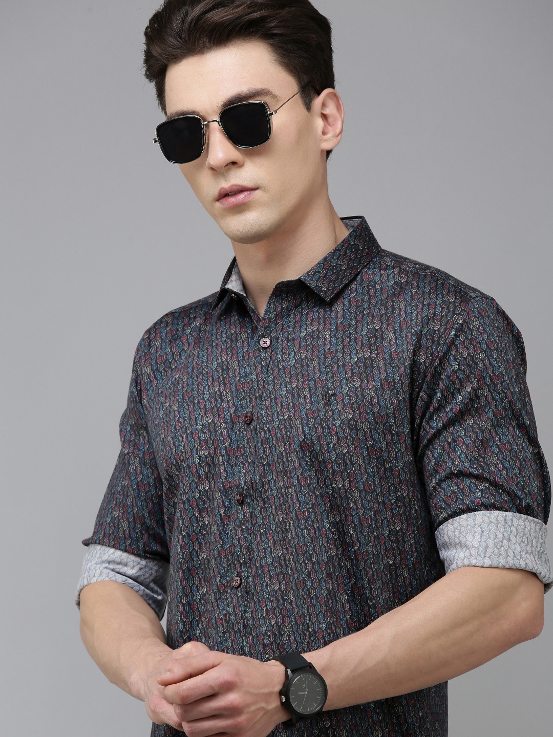 

V Dot Men Floral Printed Slim Fit Pure Cotton Casual Shirt, Black