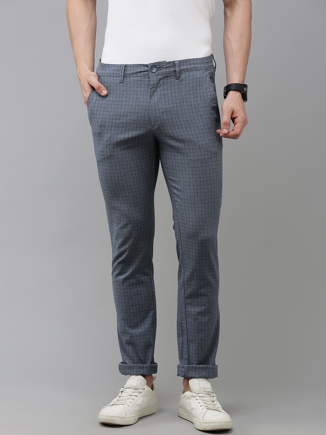 

V Dot Men Checked Skinny Fit Trousers, Grey