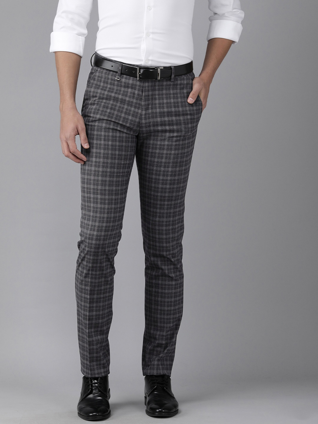 

Van Heusen Men Navy Blue & Grey Checked Slim Fit Formal Trousers