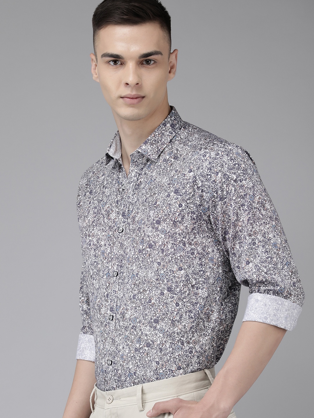 

V Dot Men Slim Fit Floral Printed Pure Cotton Semiformal Shirt, Multi