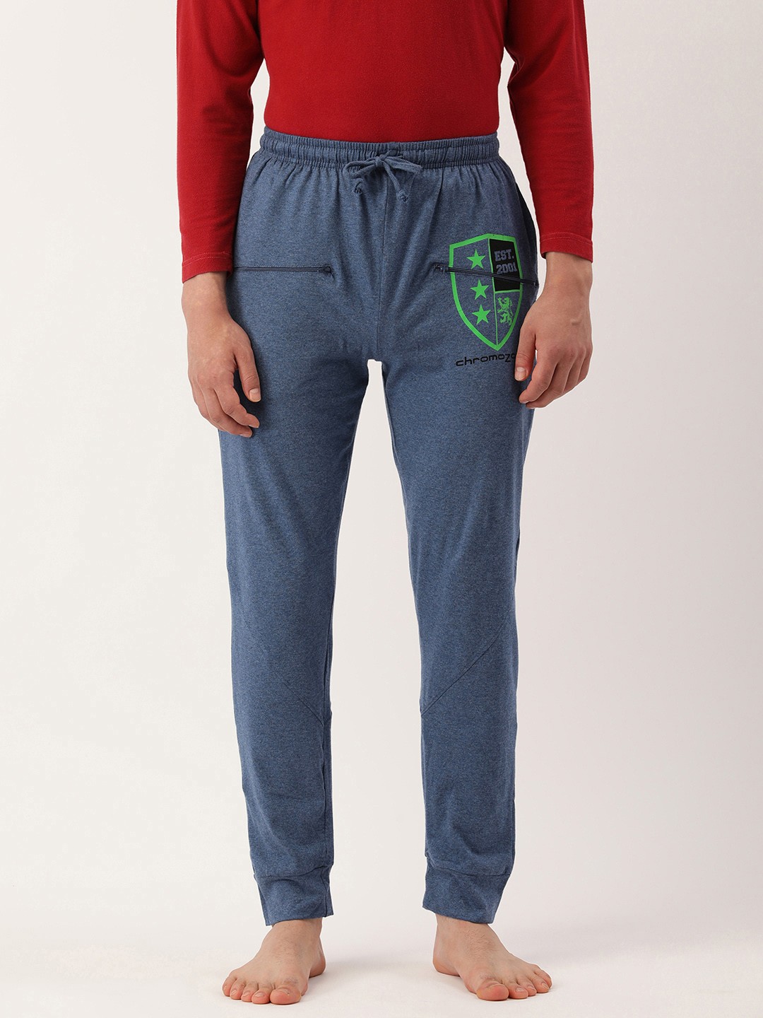 

Chromozome Men Pure Cotton Printed Detail Lounge Track Pants, Blue