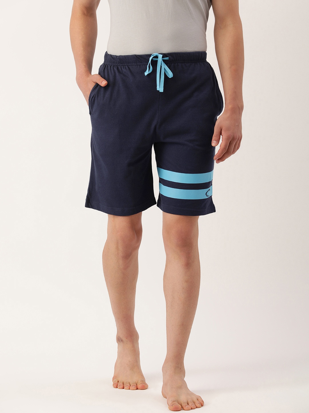 

Chromozome Men Navy Blue Stripe Printed Pure Cotton Lounge Shorts