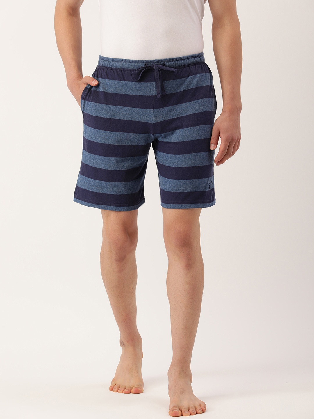 

Chromozome Men Striped Pure Cotton Mid-Rise Lounge Shorts, Navy blue
