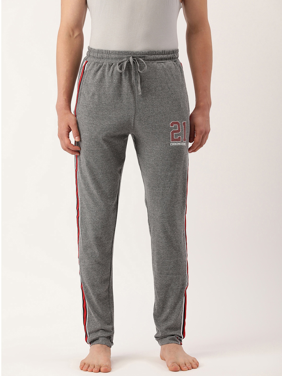 

Chromozome Men Grey Melange Printed Lounge Pants With Side Stripes