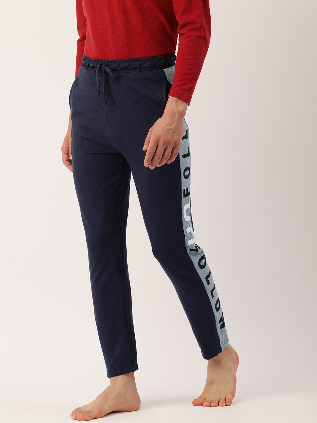 

Chromozome Men Navy Blue Solid Lounge Pants With Printed Sides