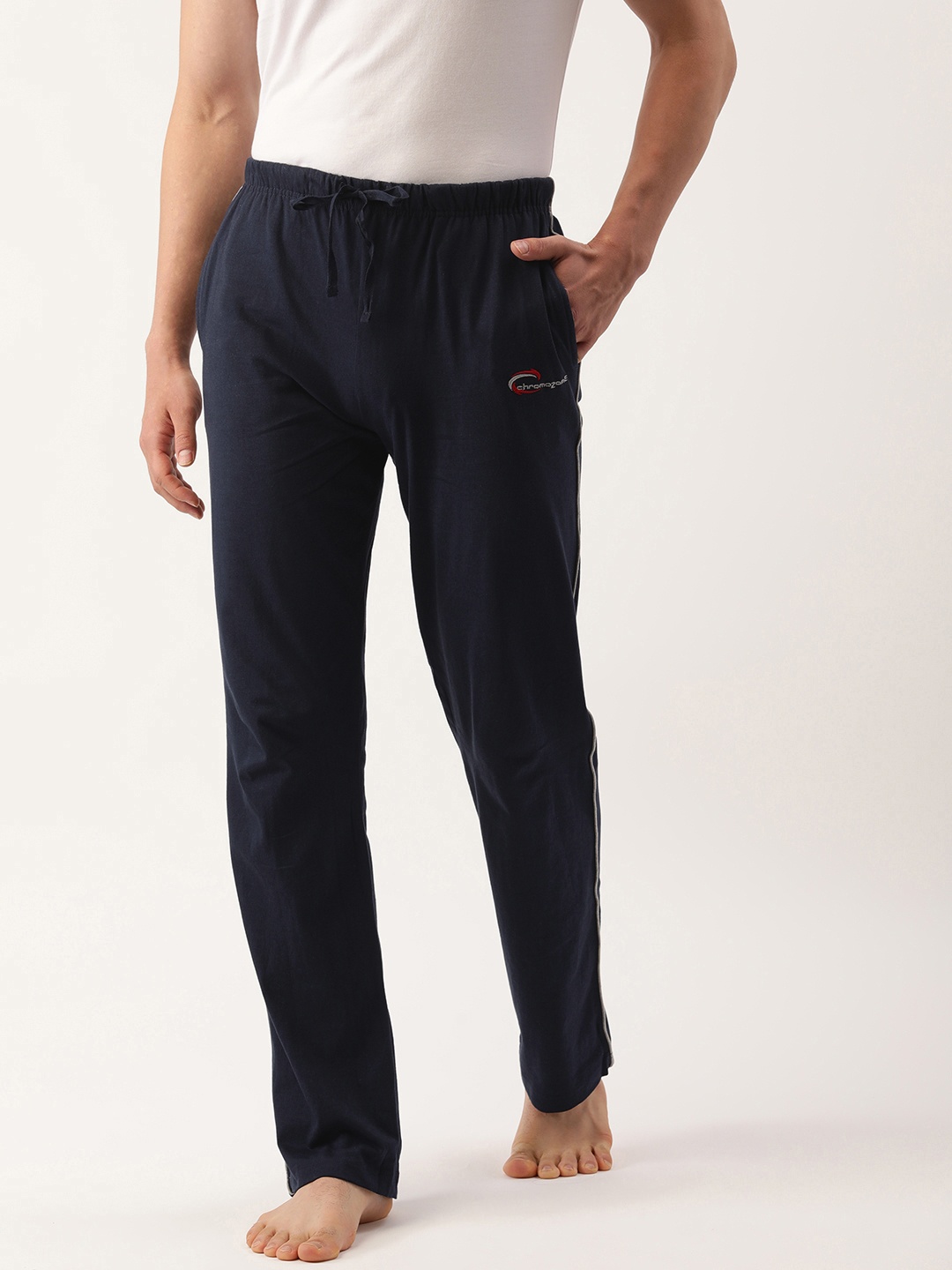 

Chromozome Men Navy Blue Brand Logo Printed Lounge Pants With Side Stripes