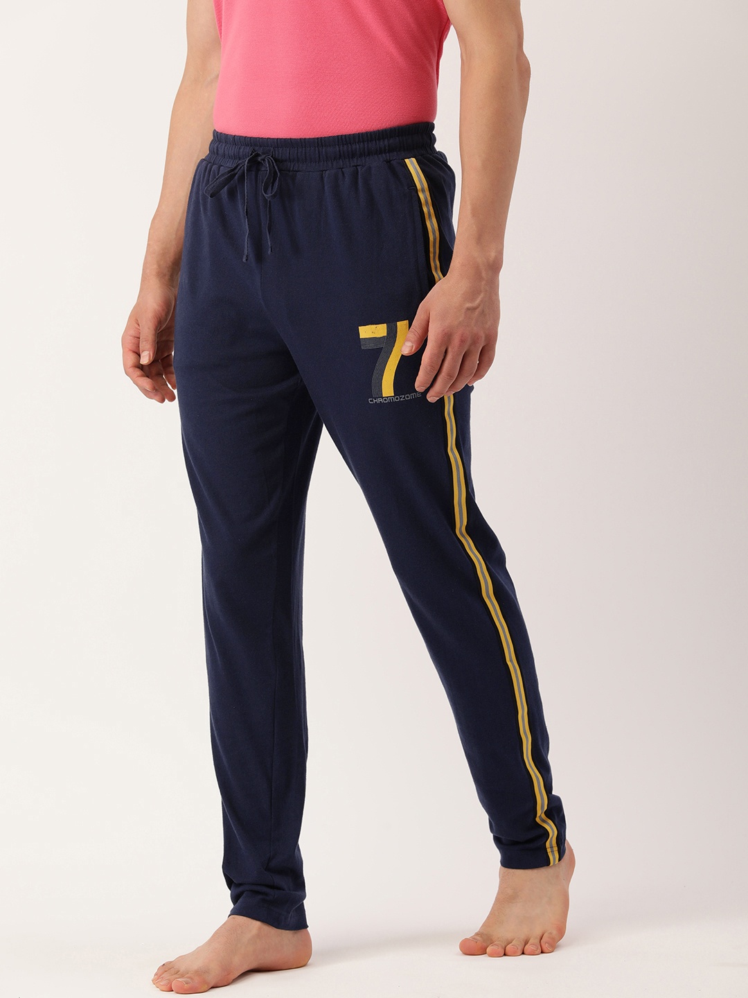 

Chromozome Men Navy Blue Solid Lounge Pants With Side Stripes