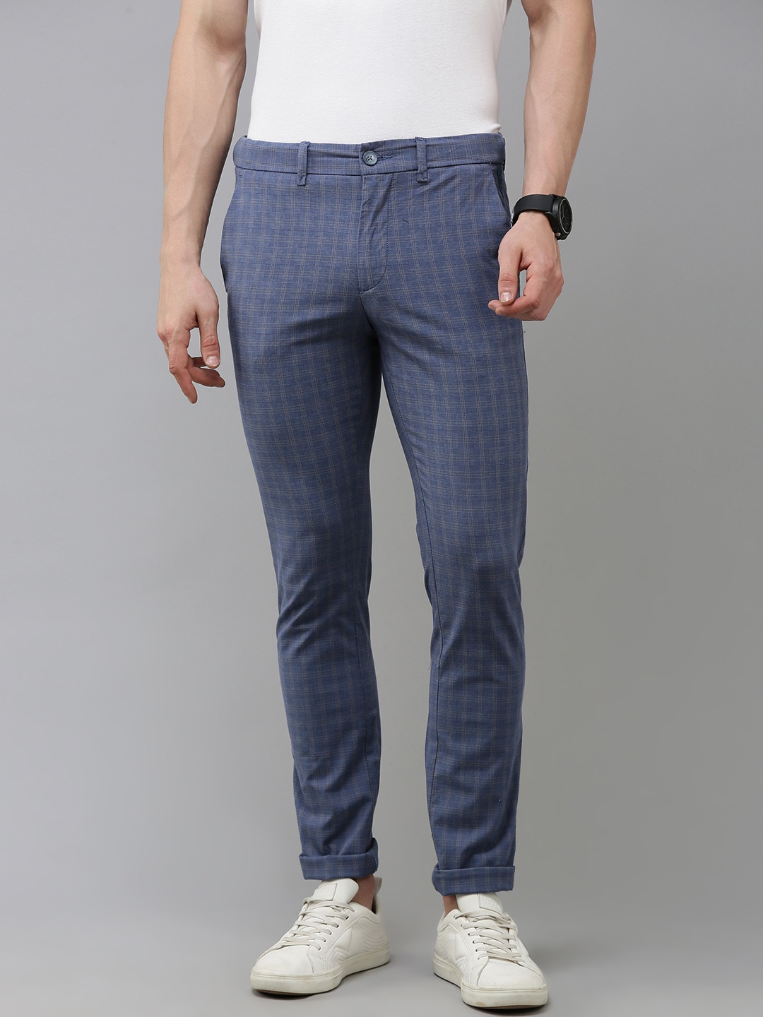 

V Dot Men Checked Skinny Fit Trousers, Blue