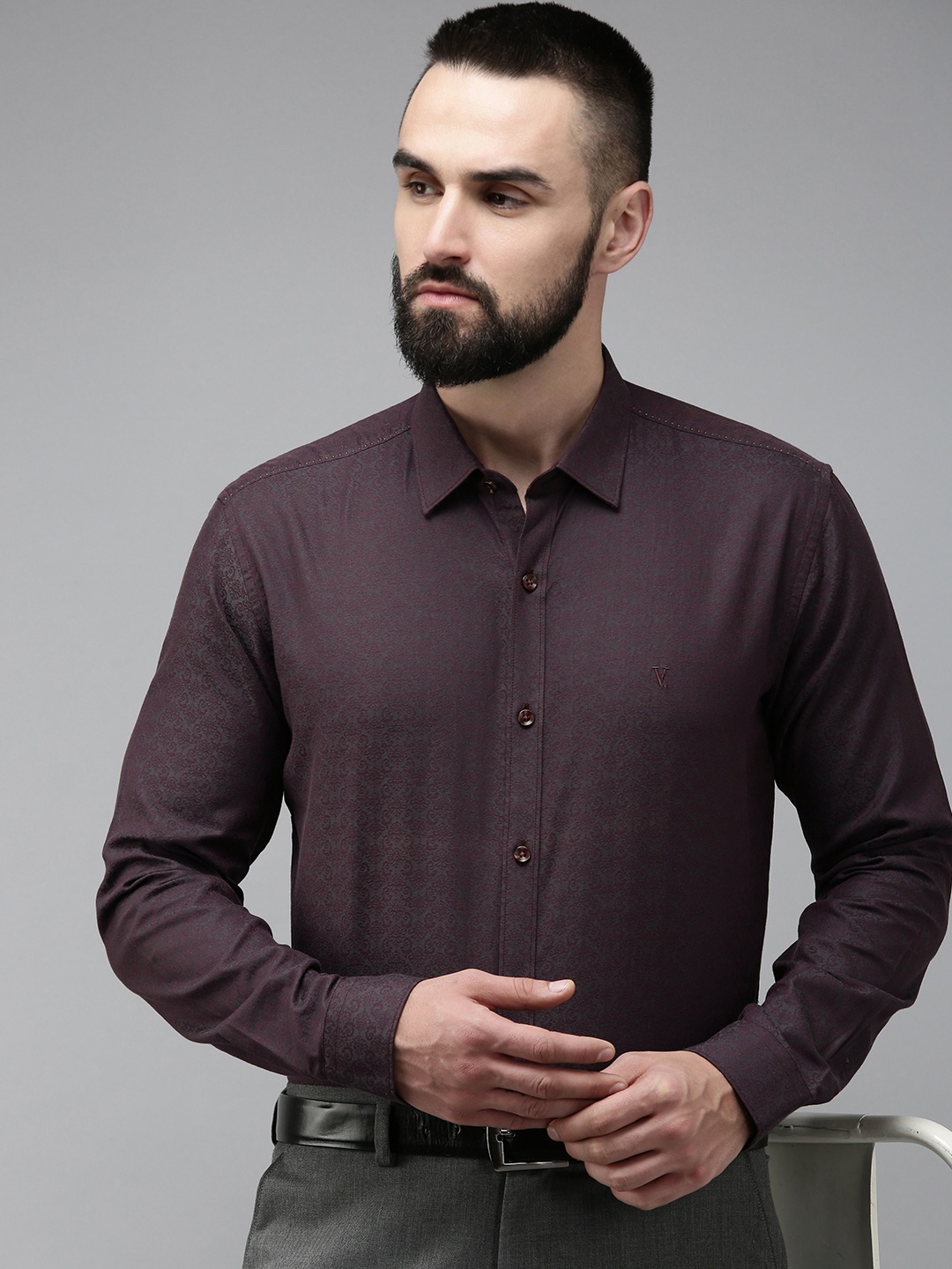 

V Dot Pure Cotton Self Design Textured Slim Fit Formal Shirt, Purple