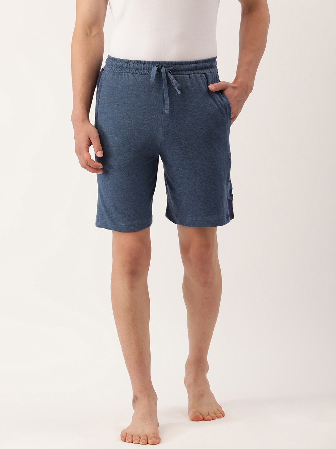 

Chromozome Men Navy Blue Solid Pure Cotton Lounge Shorts With Side Stripes