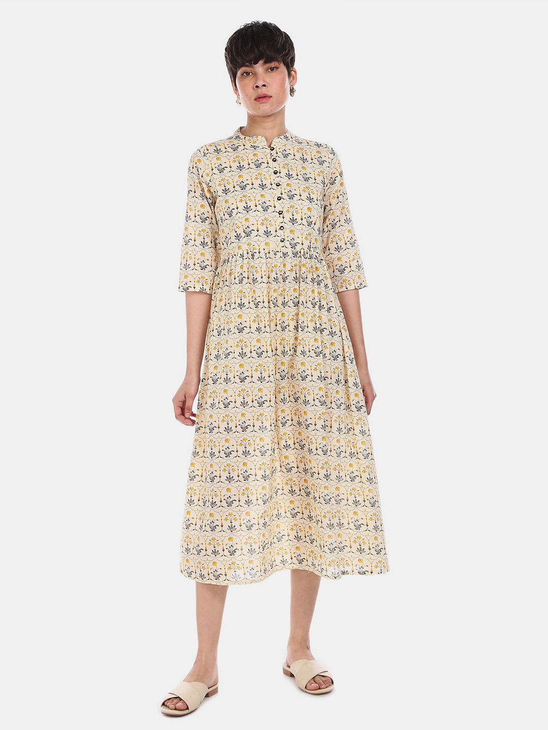 

Anahi Beige Floral A-Line Midi Pure Cotton Dress, Yellow