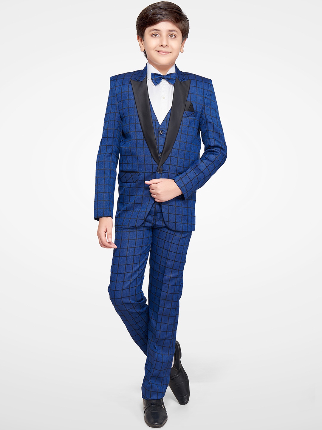 

Jeetethnics Boys Blue Checked 4-Piece Single-Breasted Suit