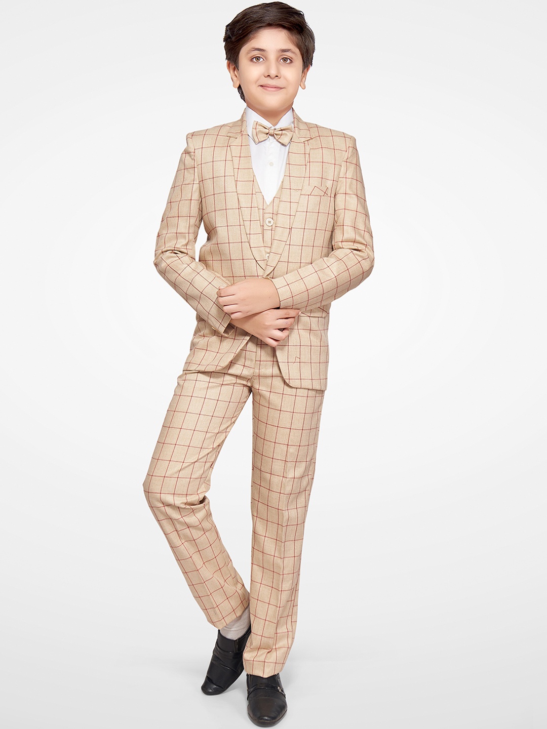 

Jeetethnics Boys Beige Checked 3-Piece Single Breasted Suits