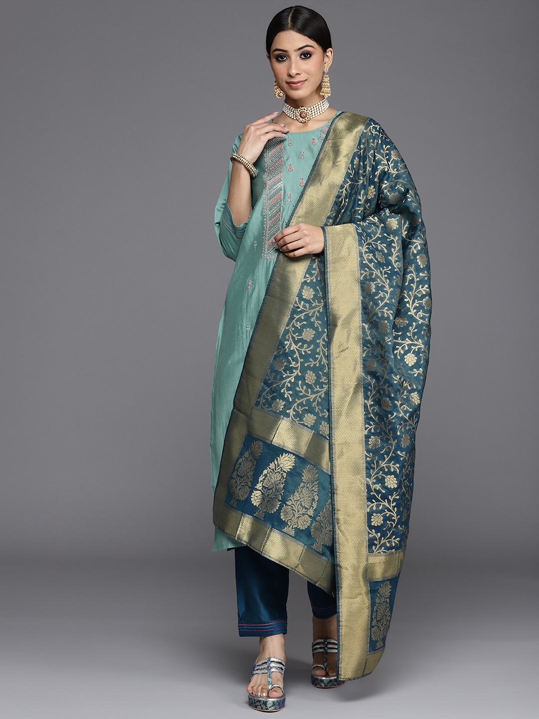 

Varanga Women Blue Ethnic Motifs Embroidered Kurta with Trousers & Dupatta