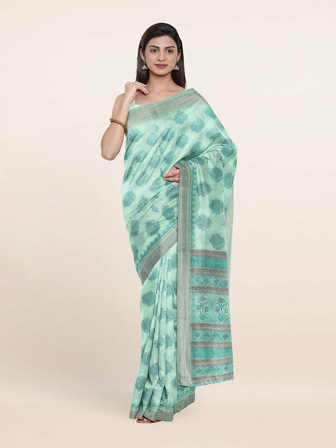 

Pothys Mint Green & Silver-Toned Floral Zari Saree