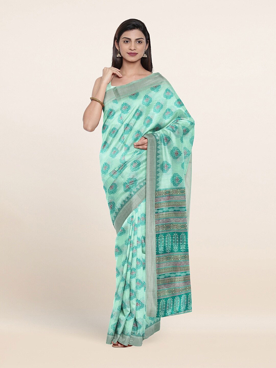 

Pothys Sea Green & Silver-Toned Ethnic Motifs Printed Cotton Blend Saree