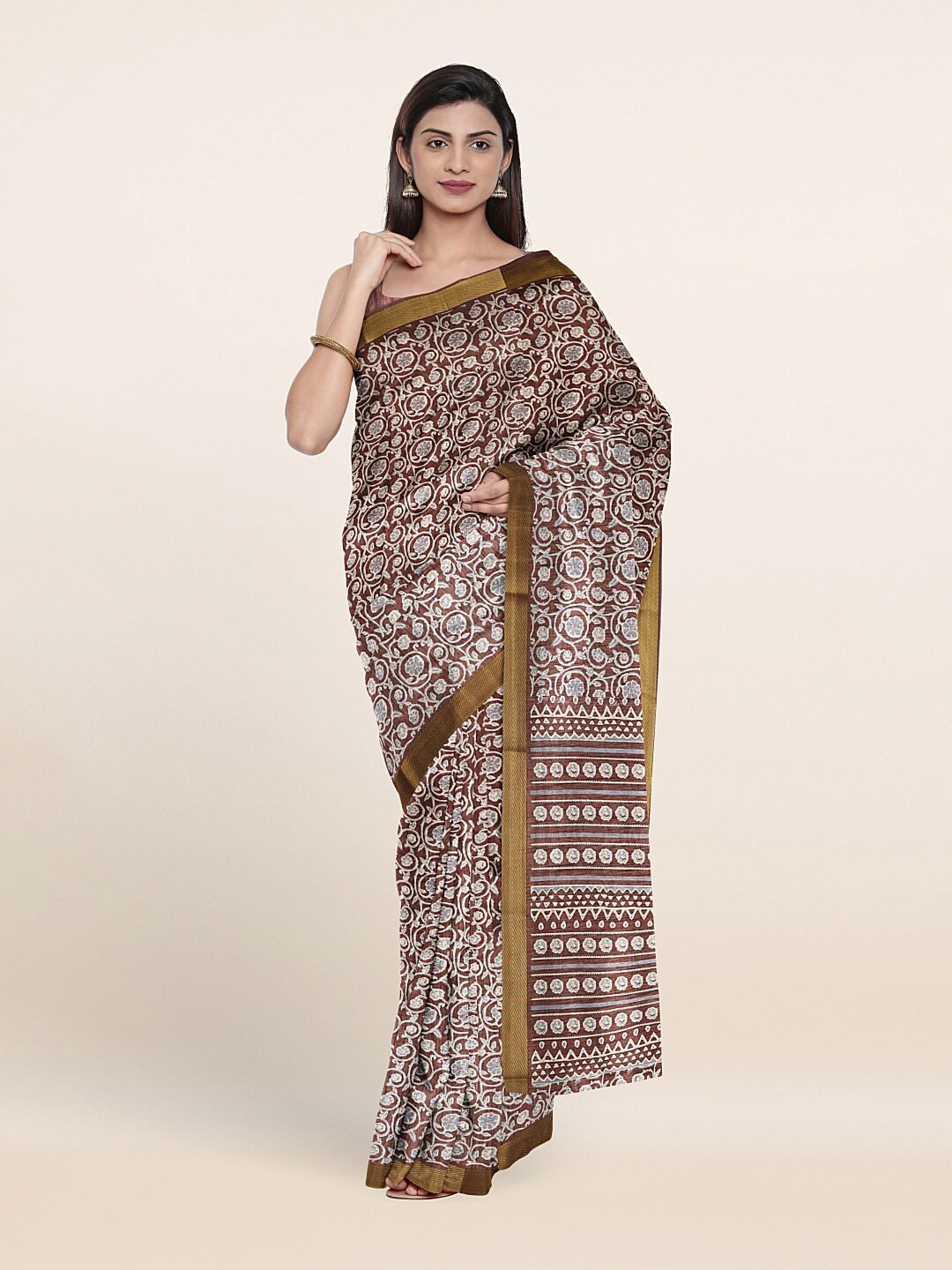 

Pothys Brown & Off White Floral Saree