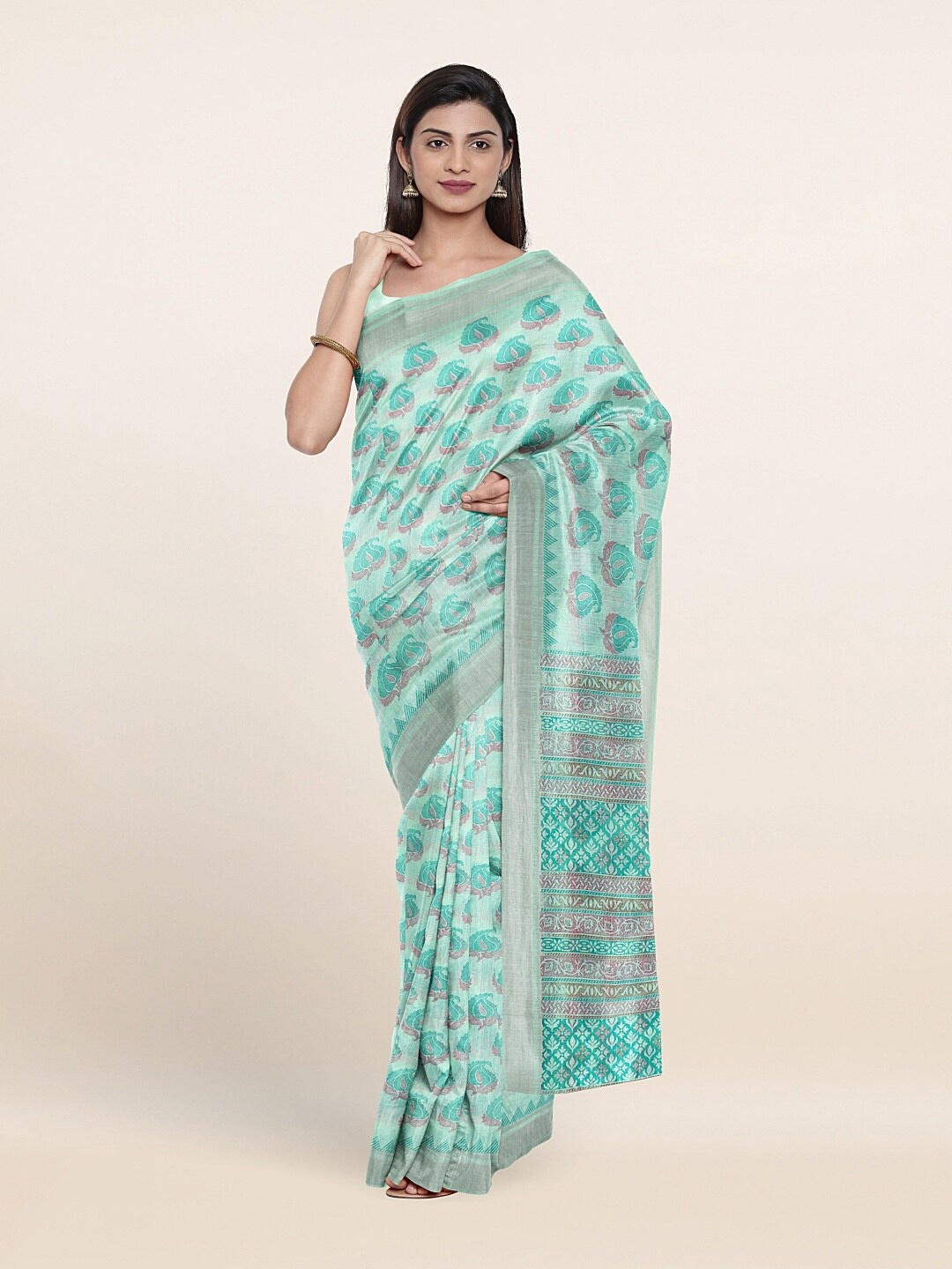 

Pothys Green & Pink Ethnic Motifs Printed Zari Saree