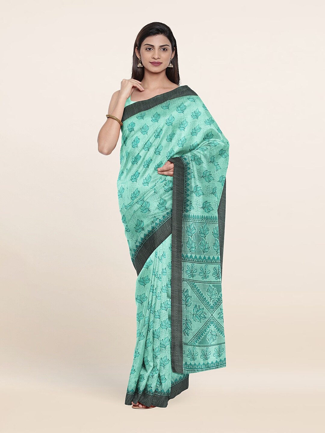 

Pothys Green & Black Floral Printed Saree