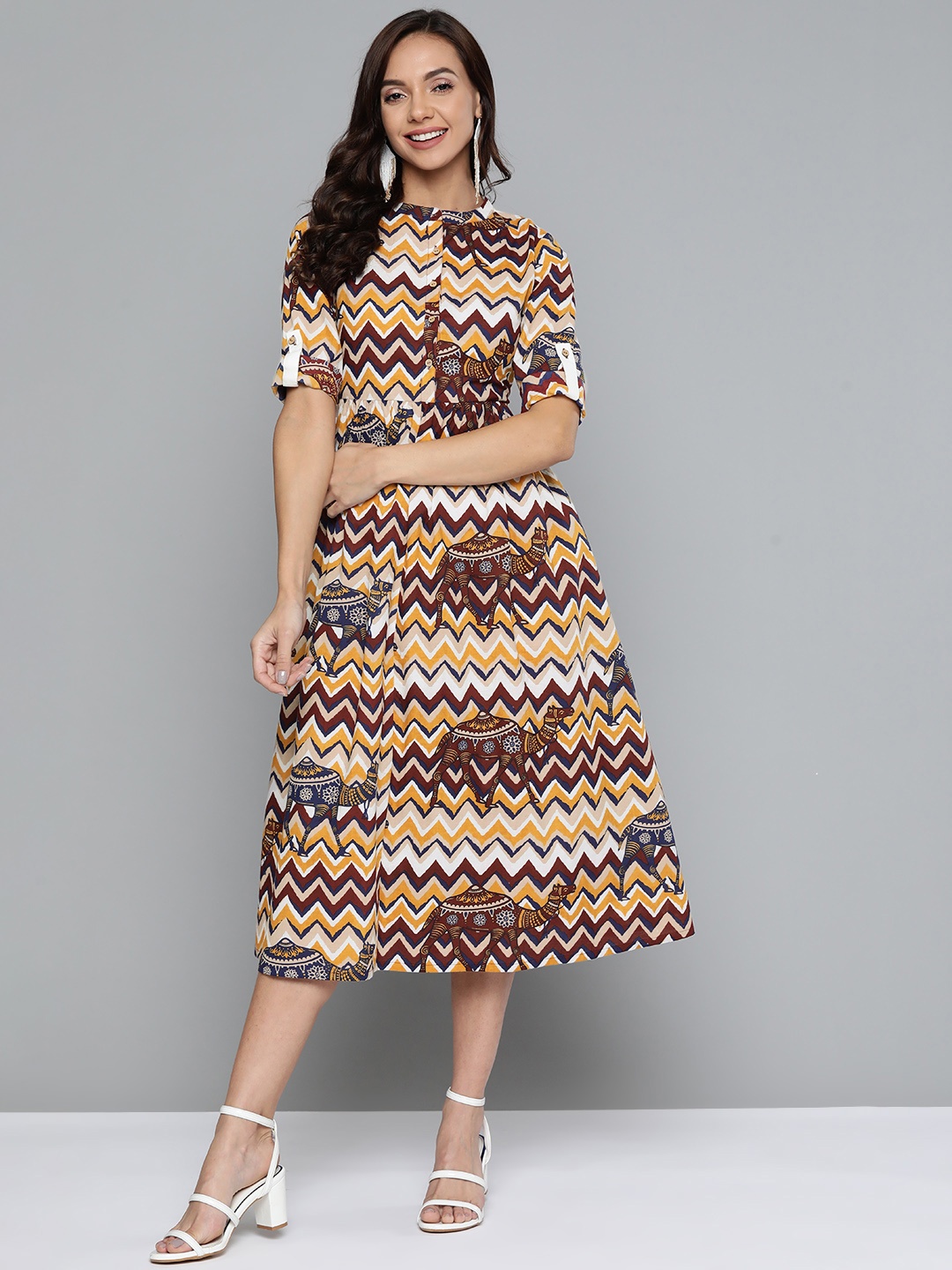 

HERE&NOW White & Maroon A-Line Cotton Dress
