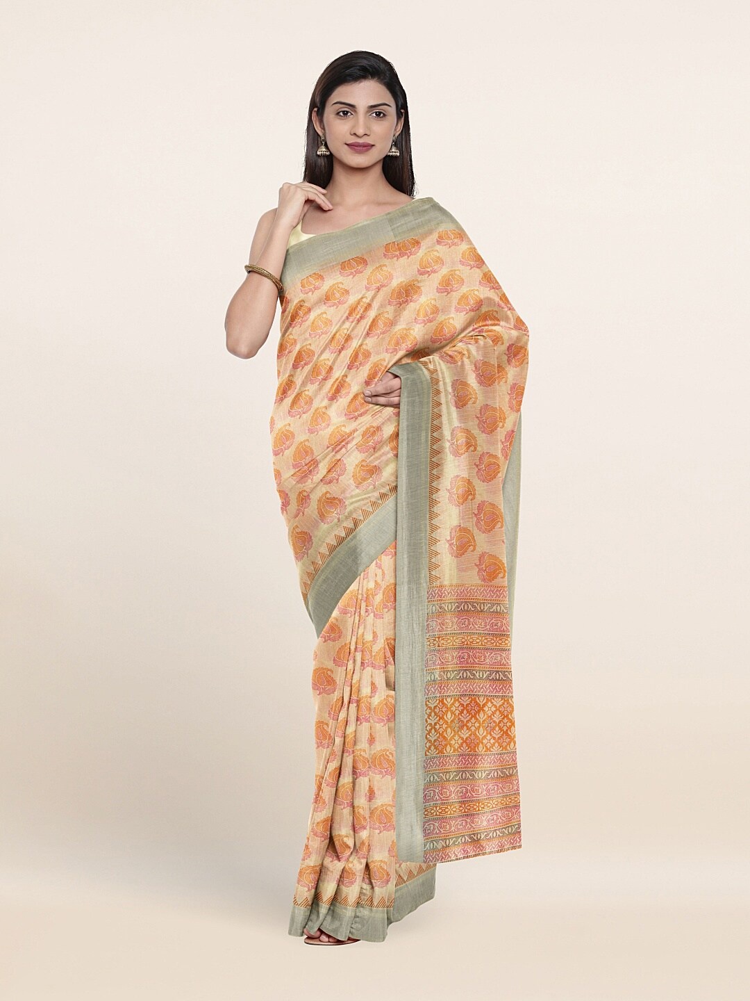 

Pothys Yellow & Silver-Toned Ethnic Motifs Printed Zari Saree