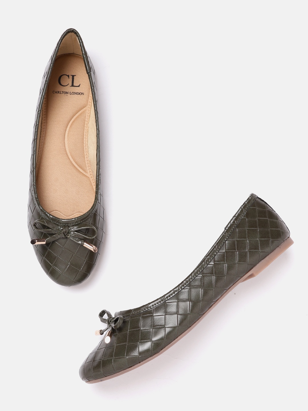 

Carlton London Women Olive Green Basketweave Textured Ballerinas with Bows