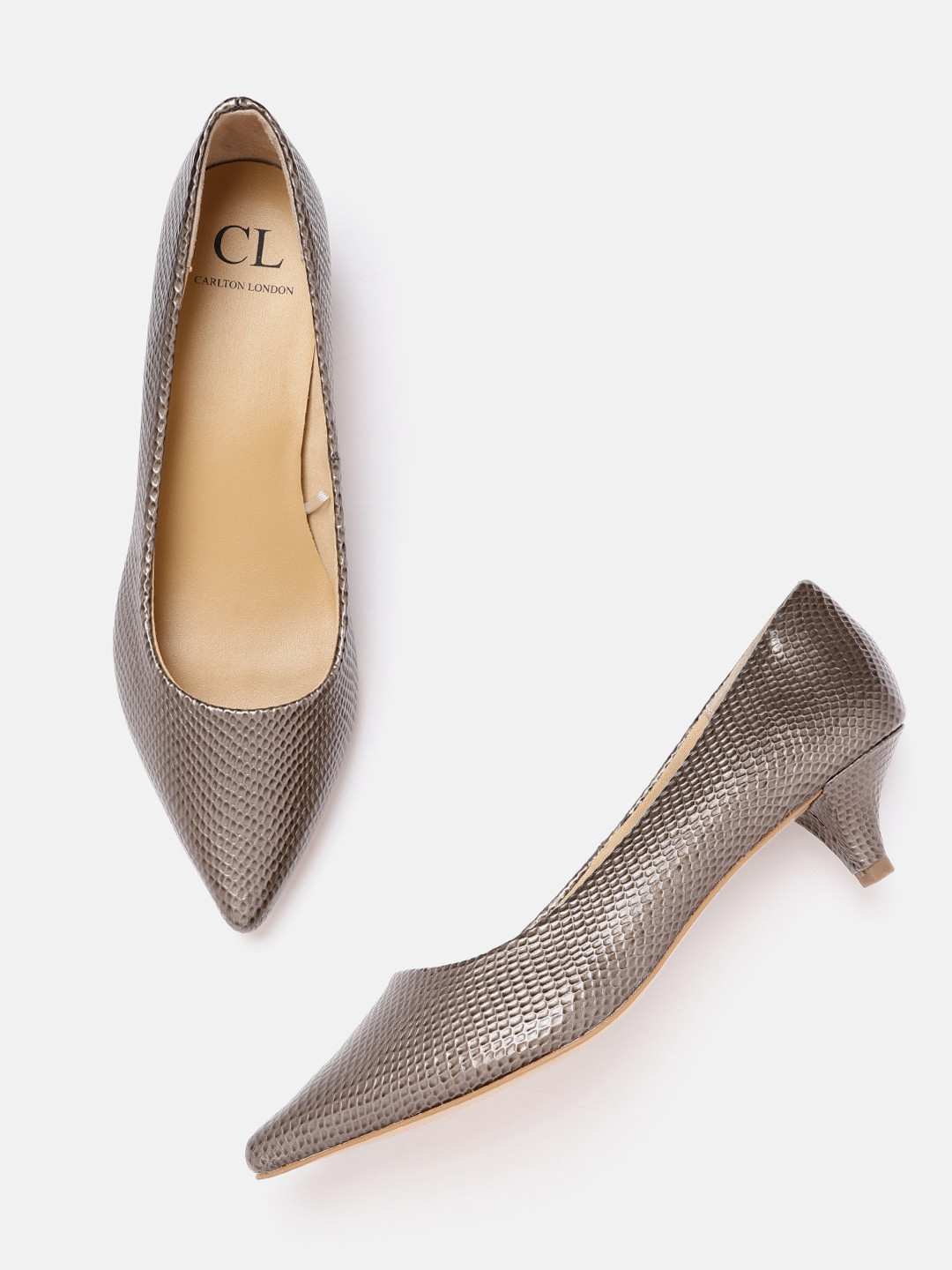 

Carlton London Women Gunmetal-Toned Textured Kitten Pumps, Metallic
