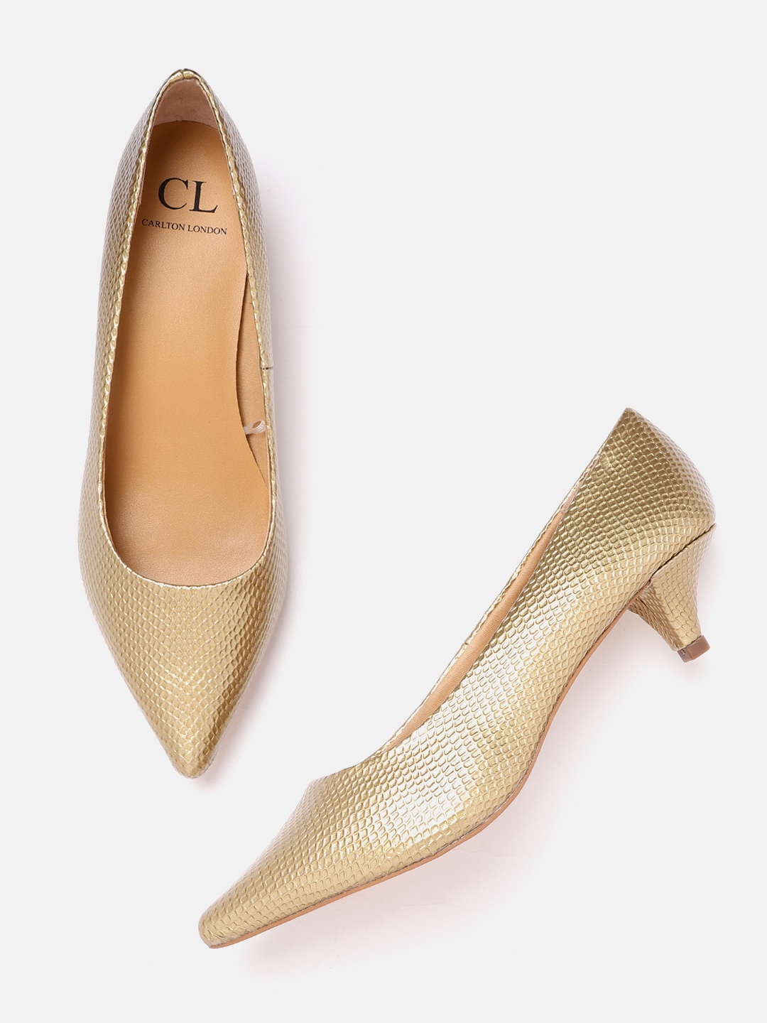 

Carlton London Women Gold-Toned Textured Kitten Pumps