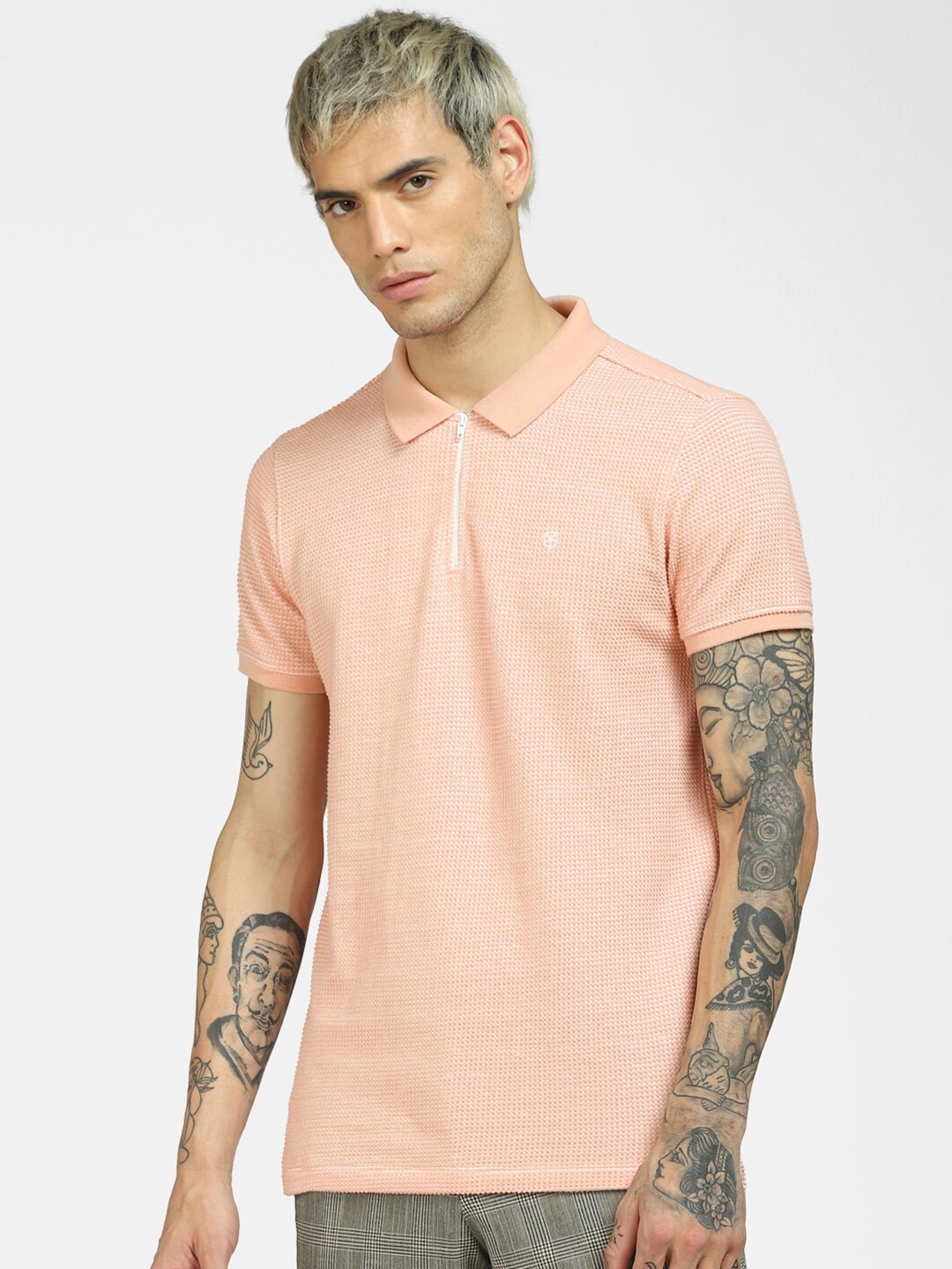 

Jack & Jones Men Peach-Coloured Polo Collar Slim Fit T-shirt