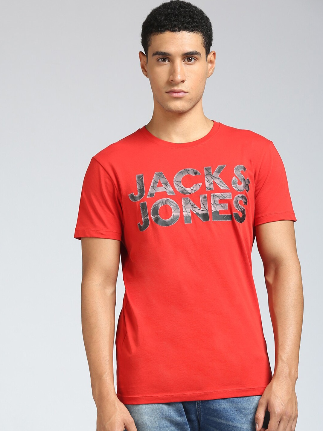 

Jack & Jones Men Red Typography Printed Cotton Slim Fit T-shirt
