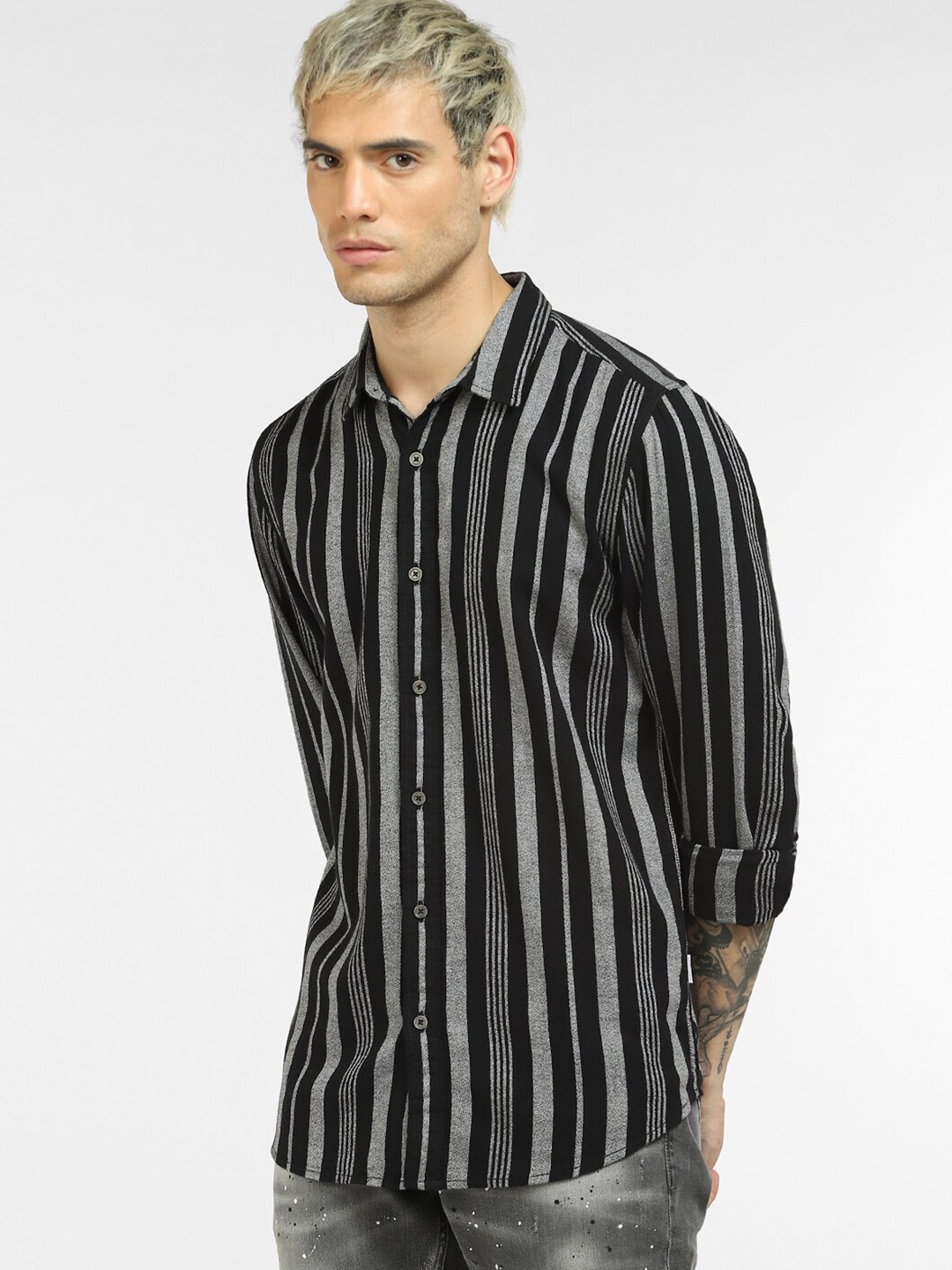 

Jack & Jones Men Black & Grey Slim Fit Striped Cotton Casual Shirt