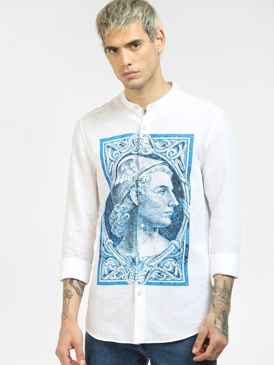 

Jack & Jones Men White & Blue Slim Fit Printed Cotton Casual Shirt