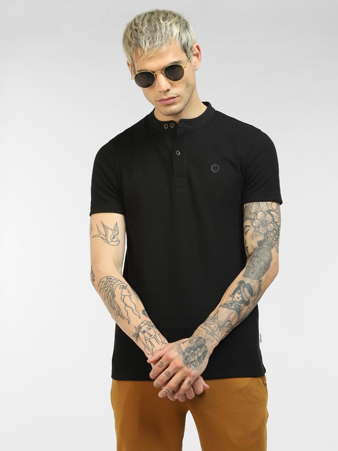

Jack & Jones Men Black Henley Neck Slim Fit T-shirt