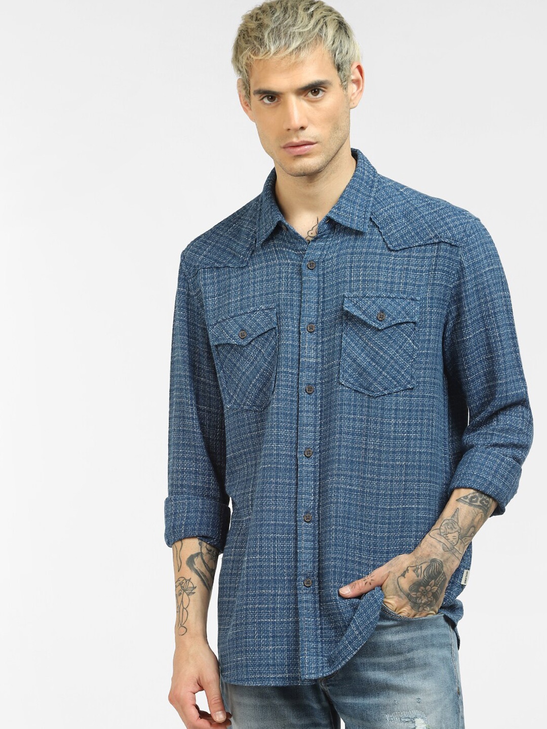 

Jack & Jones Men Blue Tartan Checked Cotton Casual Shirt