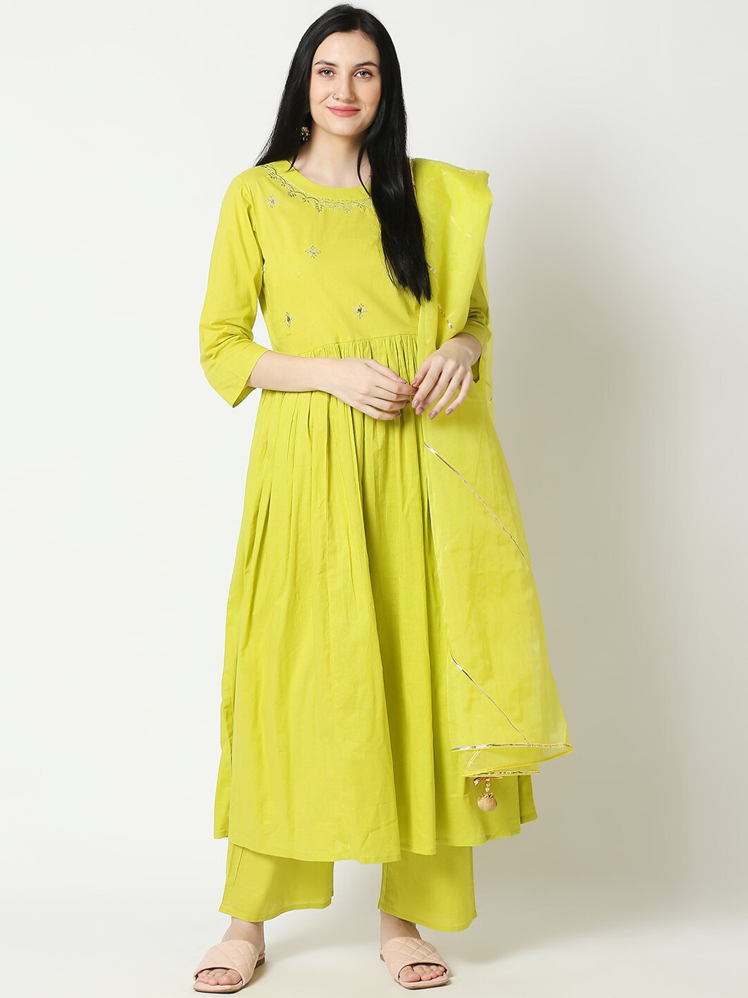 

Aanyor Women Lime Green Mirror Work Pure Cotton Kurti with Palazzos & With Dupatta