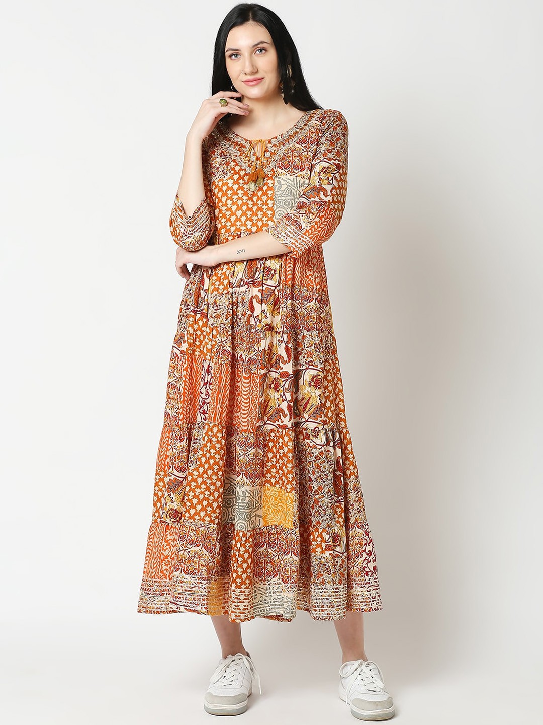 

Aanyor Women Mustard Yellow Ethnic Motifs Printed Indie Prints Anarkali Kurta