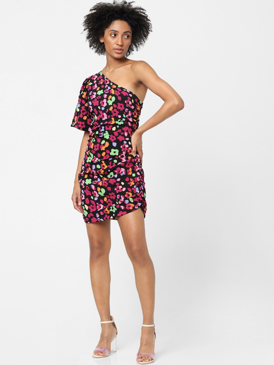 

ONLY Women Black Floral One Shoulder Sheath Mini Dress