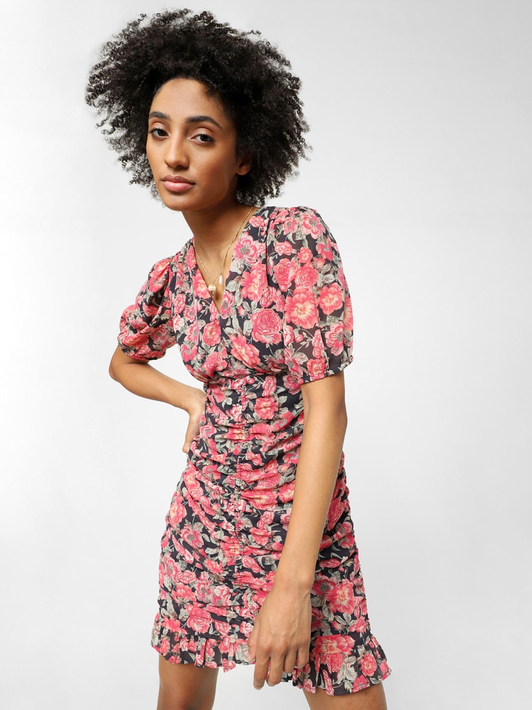 

ONLY Women Black & Pink Floral A-Line Dress