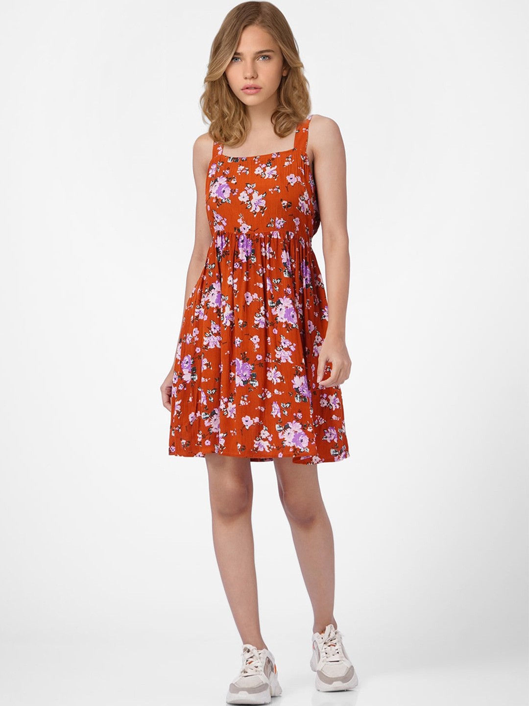 

ONLY Women Orange Floral Print Fit and Flare Dress