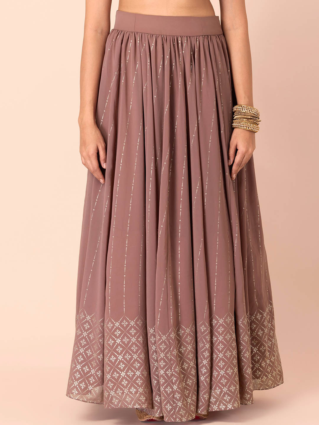 

INDYA Women Pink & Silver-Toned Ethnic Printed Gathered Maxi Skirt